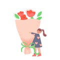 Little Girl with Huge Flower Bouquet Congratulating Mother with Holiday Vector Illustration