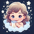 Little girl hugging a bottle of milk. A young girl very cute and looks happy, 2d flat, icon, and sticker.