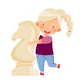 Little Girl Hugging Giant White Knight Chess Piece or Chessman Vector Illustration