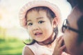 Little girl hugging neck of her daddy, Father playing with daughter happy Royalty Free Stock Photo