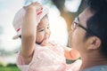 Little girl hugging neck of her daddy, Father playing with daughter happy Royalty Free Stock Photo