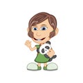 Little girl hugging a stuffed panda and waving her hand cartoon vector illustration