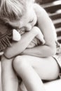 Little girl hugging toy soft focus