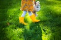 Little girl hugging toy teddy bear in autumn park. Playing with fallen leaves Royalty Free Stock Photo