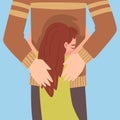 Little girl hugs dad around the waist cartoon vector illustration