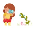 Little Girl Hunkering Down with Camera Taking Photo of Worm Crawling on the Ground Vector Illustration
