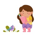 Little Girl Hunkering Down with Clip Board Drawing Bird Sitting on the Ground Vector Illustration