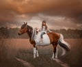 Little girl with in indian style pinto pony in summer field