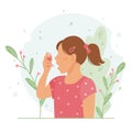 Little girl inhales asthma inhaler against allergy attack Royalty Free Stock Photo