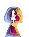 Little girl inside head of woman papercut vector illustration