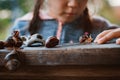 Little girl intently watching small snail crawling along wooden bench while spending time in nature Royalty Free Stock Photo