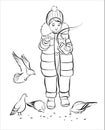 A little girl in a jacket, feeding pigeons. Black and white realistic illustration for coloring.