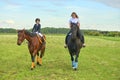 Little girl jockey and her coach ridding a horse