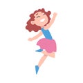 Little Girl Jumping, Cute Happy Preschooler Girl in Dress Having Fun Cartoon Style Vector Illustration