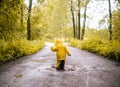 Little girl jumping fun in a dirty puddle Royalty Free Stock Photo