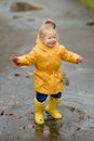 A little girl is jumping in a puddle in yellow rubber boots and a waterproof raincoat.