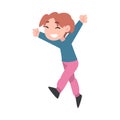 Little Girl Jumping with Raising Hands, Cute Happy Kid Having Fun Cartoon Style Vector Illustration