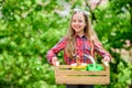 Little girl kid in forest. little girl with gardening tools. earth day. spring village country. ecology environment Royalty Free Stock Photo