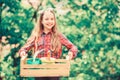 Little girl kid in forest. little girl with gardening tools. earth day. spring village country. ecology environment Royalty Free Stock Photo