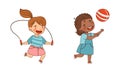 Little Girl in Kindergarden Playing Ball and Skipping Rope Vector Illustration Set Royalty Free Stock Photo