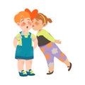 Little Girl Kissing Flushed Boy in Shortalls Cheek Vector Illustration Royalty Free Stock Photo