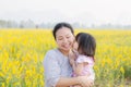 Little girl kissing her mom in flower field Royalty Free Stock Photo