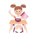 Little Girl at Kitchen Table Eating Porridge for Breakfast Engaged in Daily Activity and Everyday Routine Vector