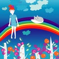 Little girl and kitten on a rainbow Royalty Free Stock Photo