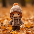 a little girl in a knitted hat and coat standing in a pile of fallen leaves