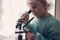 Little girl in lab coat learning chemistry in school laboratory. Young scientist in protective glasses making experiment