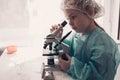 Little girl in lab coat learning chemistry in school laboratory. Young scientist in protective glasses making experiment