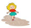 A Little Girl in a lace skirt and a red sweater is jumping, playing hopscotch. Vector illustration in cartoon style Royalty Free Stock Photo