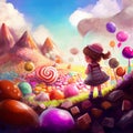 A little girl on a landscape made of candies
