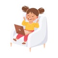 Little Girl with Laptop Video Call Sitting in Armchair Using Smart Technology Vector Illustration Royalty Free Stock Photo