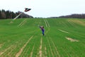 Little girl launches a kite in a field in spring Royalty Free Stock Photo