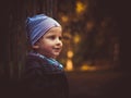 A little girl leaning against a gate in the park. Autumn colors Royalty Free Stock Photo