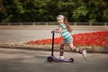 Little girl learn to ride scooter in a park on sunny summer day. Royalty Free Stock Photo