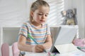 Little girl learning English with tablet indoors at online lesson Royalty Free Stock Photo