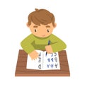 Little Girl Learning to Write, Elementary School Student Sitting at Desk and Writing Letters in Notebook Cartoon Vector Royalty Free Stock Photo