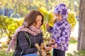 Little girl with leaves with her mother believes gathered acorns in the park