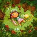 Little girl lies on a meadow on the grass in the forest