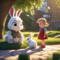 A little girl Lily meets a small white rabbit, under a sunlit tree, they both meet for the first time