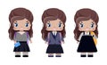 little girl, with long brown hair in different school uniforms