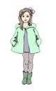 Little girl with long brown hair, dressed in green raincoat and boots. Kid\'s fashion, vector