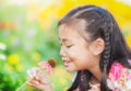 Little girl with long dark hair sitting on poppy field Royalty Free Stock Photo