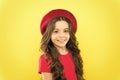 Little girl with long hair. Kid happy cute face adorable curly hair yellow background. Lucky and beautiful. Beauty tips Royalty Free Stock Photo