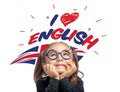 Little girl looking at i love english text and UK flag above her head Royalty Free Stock Photo