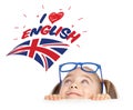 Little girl looking at i love english text and UK flag above her head