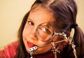 Little Girl Looking in Magnifier. Child Scientist