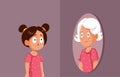 Little Girl Looking in the Mirror Seeing her Older Self Vector Cartoon